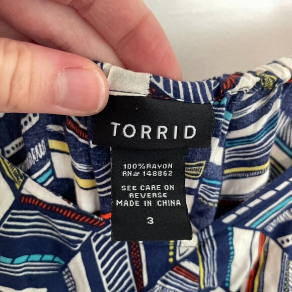 TORRID 3 Plus Size Chevron Print Challis Ruffle Babydoll Top Blue White Boho 3X - Picture 6 of 16